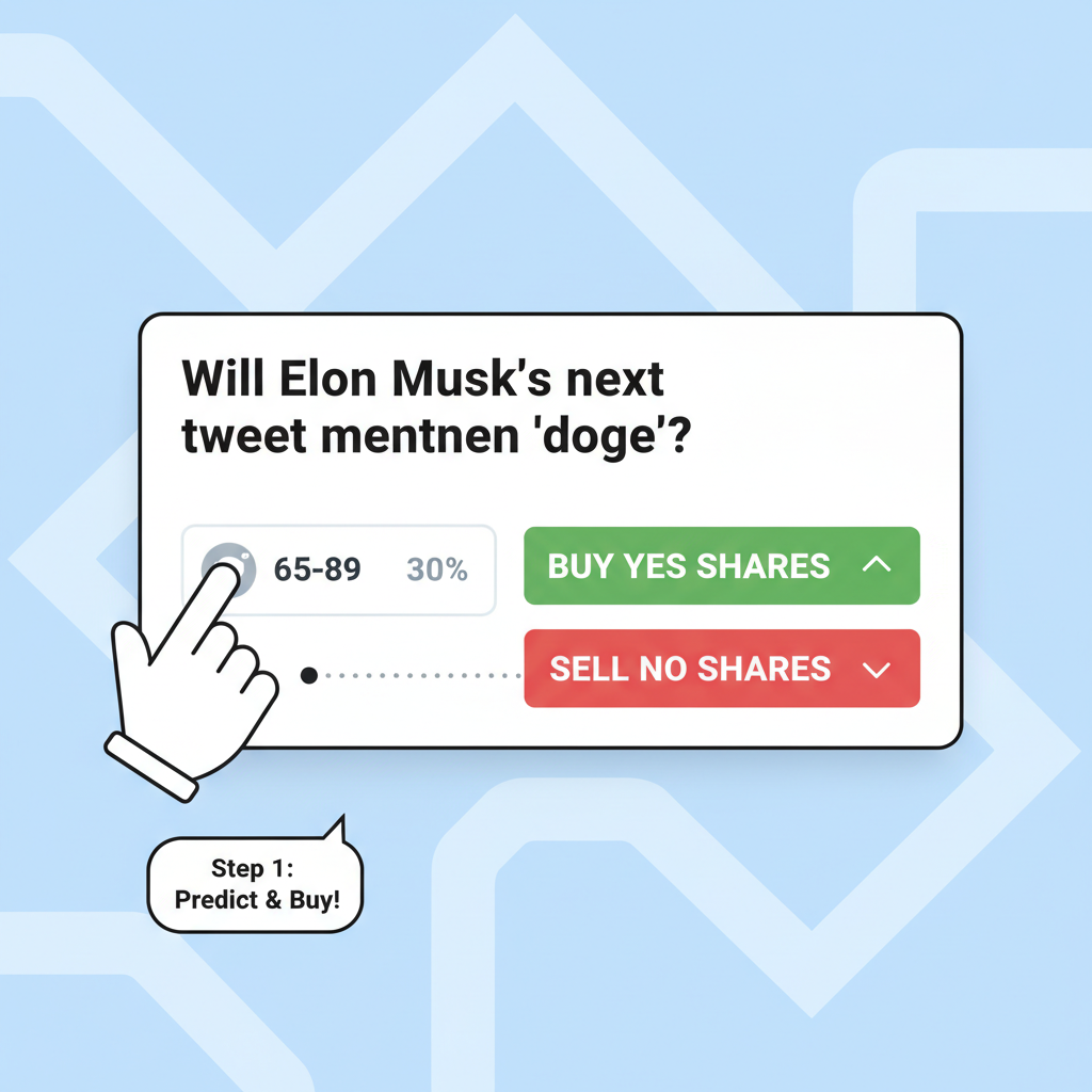 Polymarket trading interface, Elon Musk tweet market odds showing 65-89 at 30%, buy yes shares button
