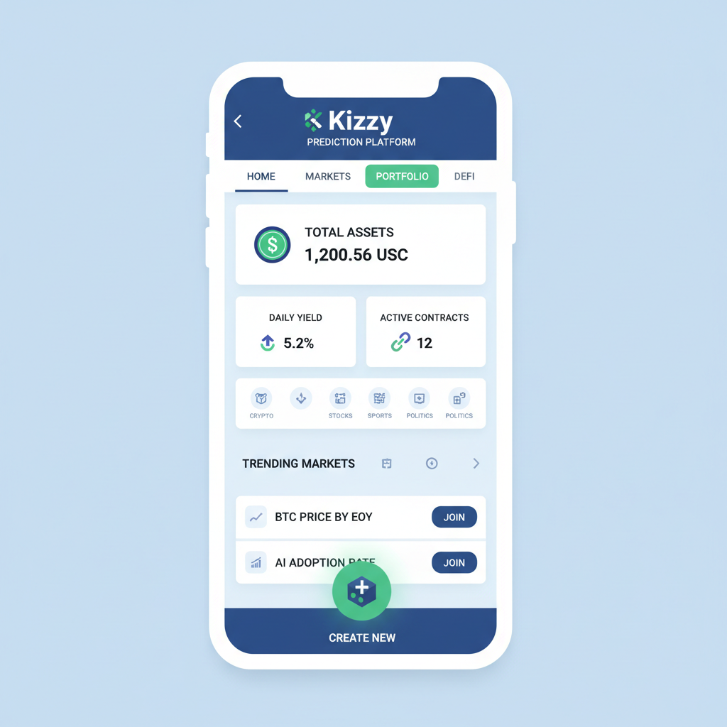mobile app screen showing Kizzy prediction platform dashboard on blockchain