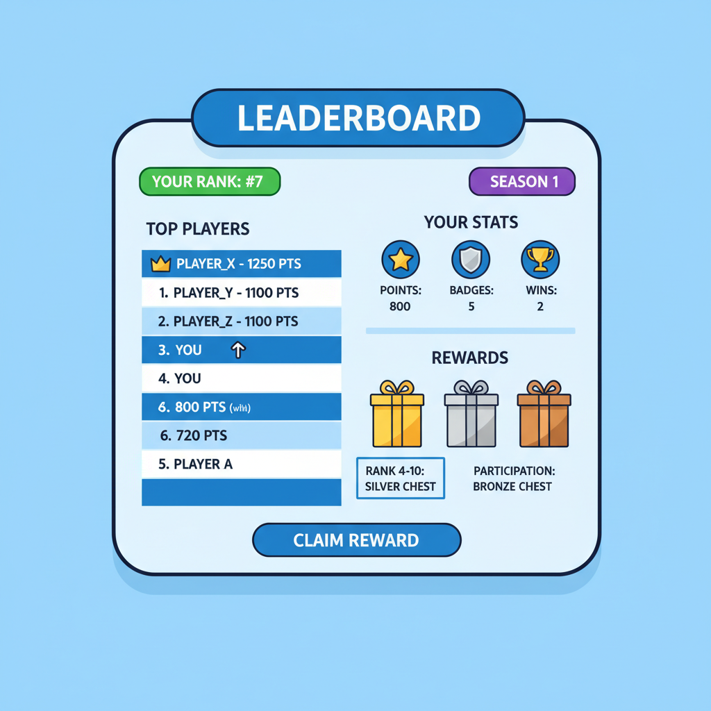 leaderboard ranking screen with user stats and rewards