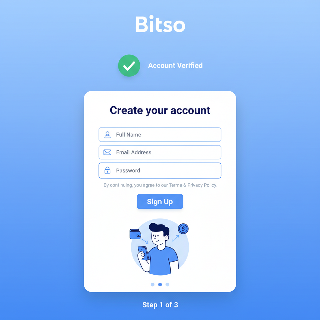 clean Bitso app signup screen with verification badge, mobile interface, blue tones