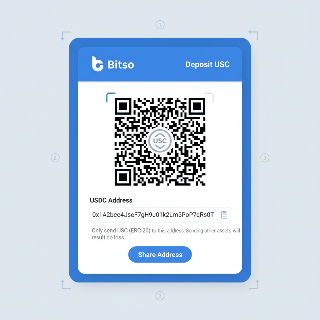 Bitso wallet deposit USDC screen with QR code and address, crypto transfer interface