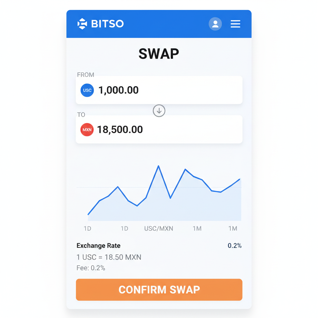 Bitso exchange interface swapping USDC to MXN, charts and confirm button