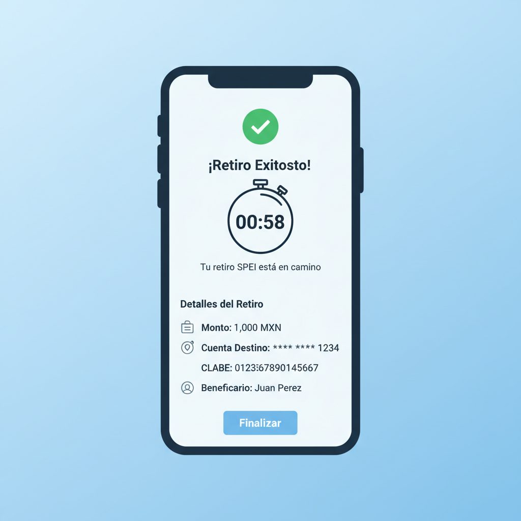 Bitso SPEI withdrawal confirmation screen with timer and success indicator