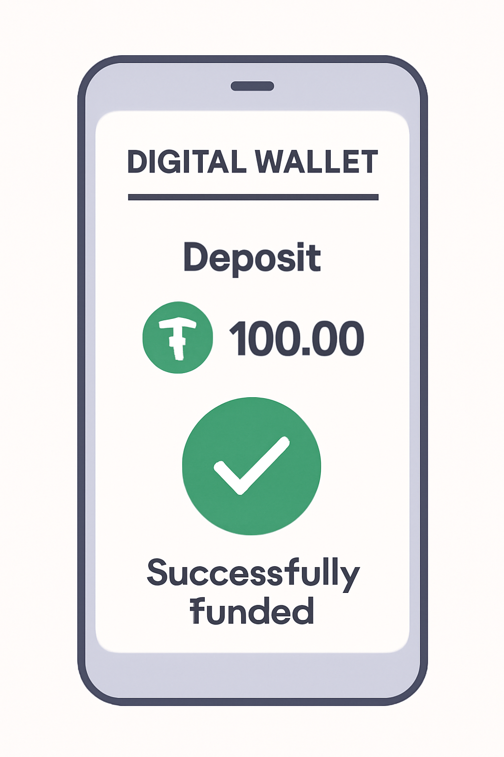 A digital wallet interface showing a USDT deposit, with a green checkmark indicating successful funding.
