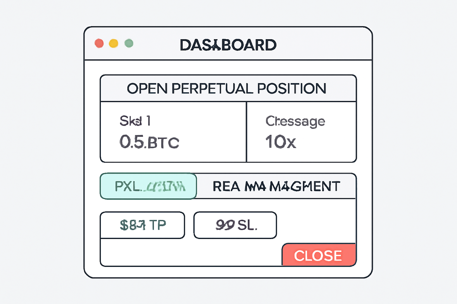 A dashboard showing an open perpetual position, with real-time PnL, leverage, and risk management controls visible.