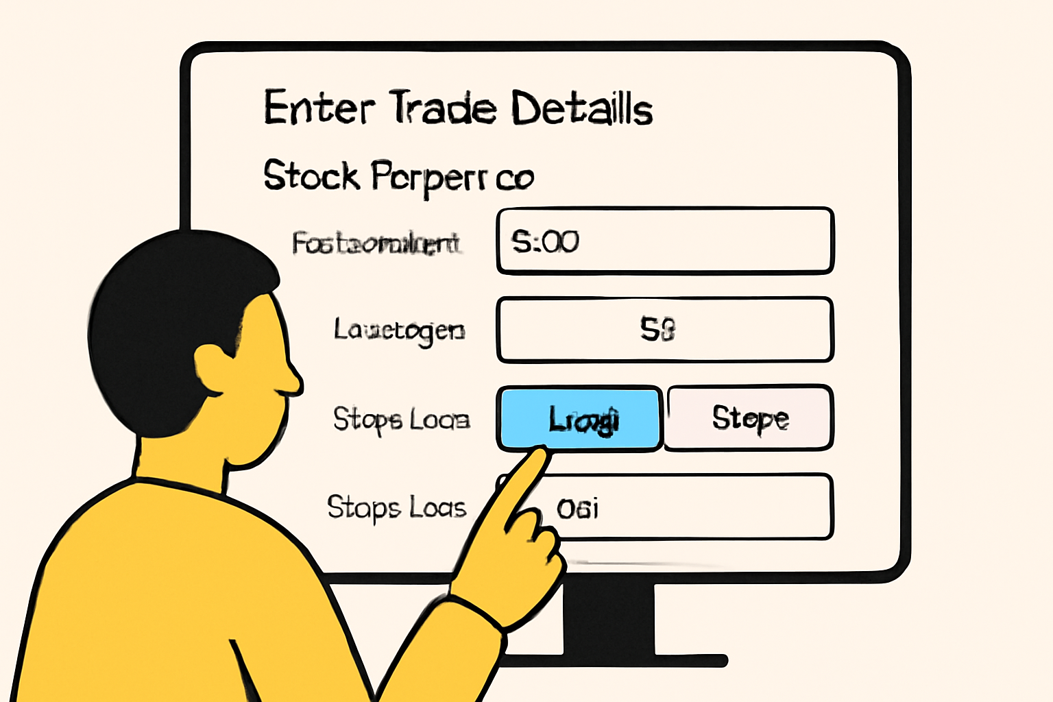 A user entering trade details for a stock perpetual contract, with fields for position size, leverage, long/short selection, and stop-loss settings.