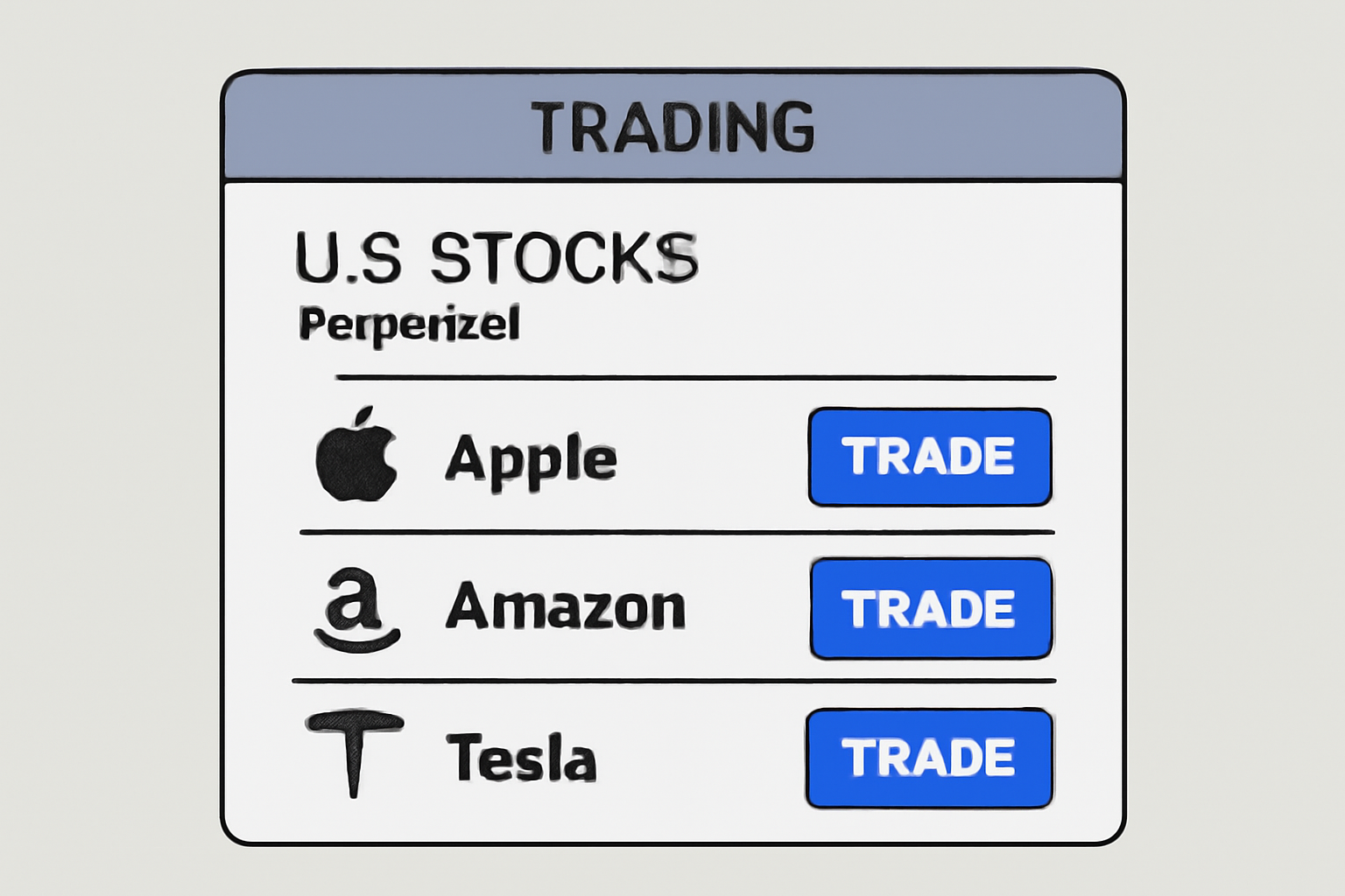 A trading interface displaying a list of U.S. stocks with perpetual contracts, showing Apple, Amazon, and Tesla as options.
