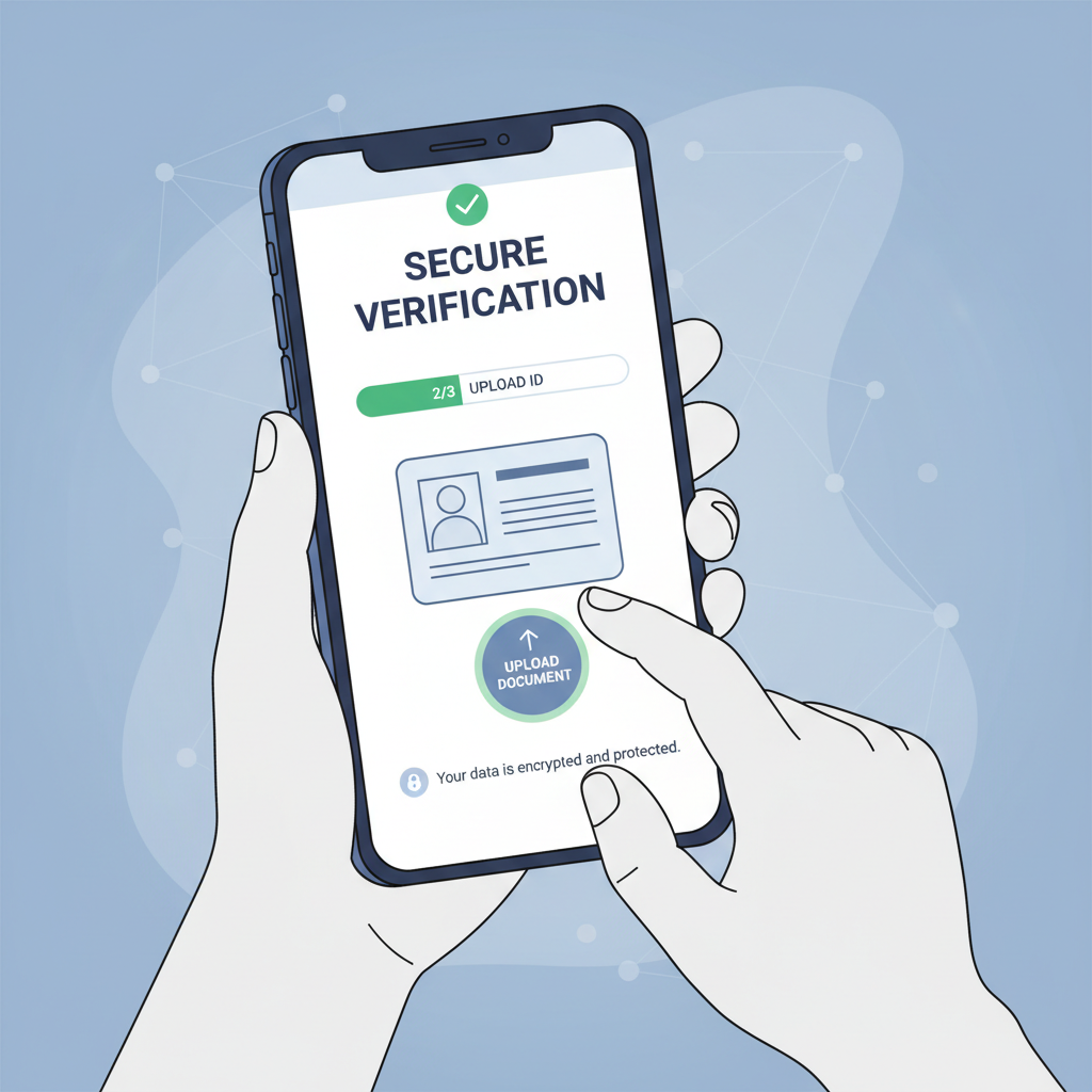 Person uploading ID document on phone app, secure verification screen