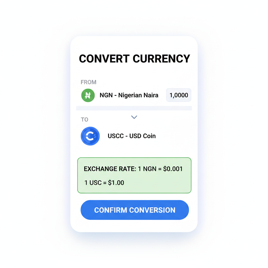 App screen converting NGN to USDC coin, price $1.00 display