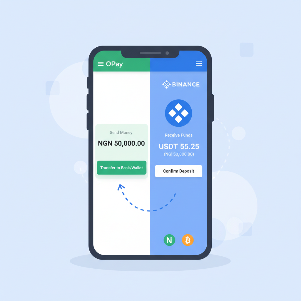 Transferring Naira on phone screen from Opay to crypto app