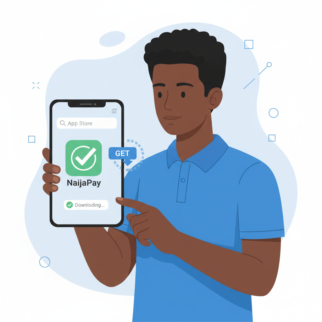 Nigerian user downloading mobile app on smartphone, clean professional interface
