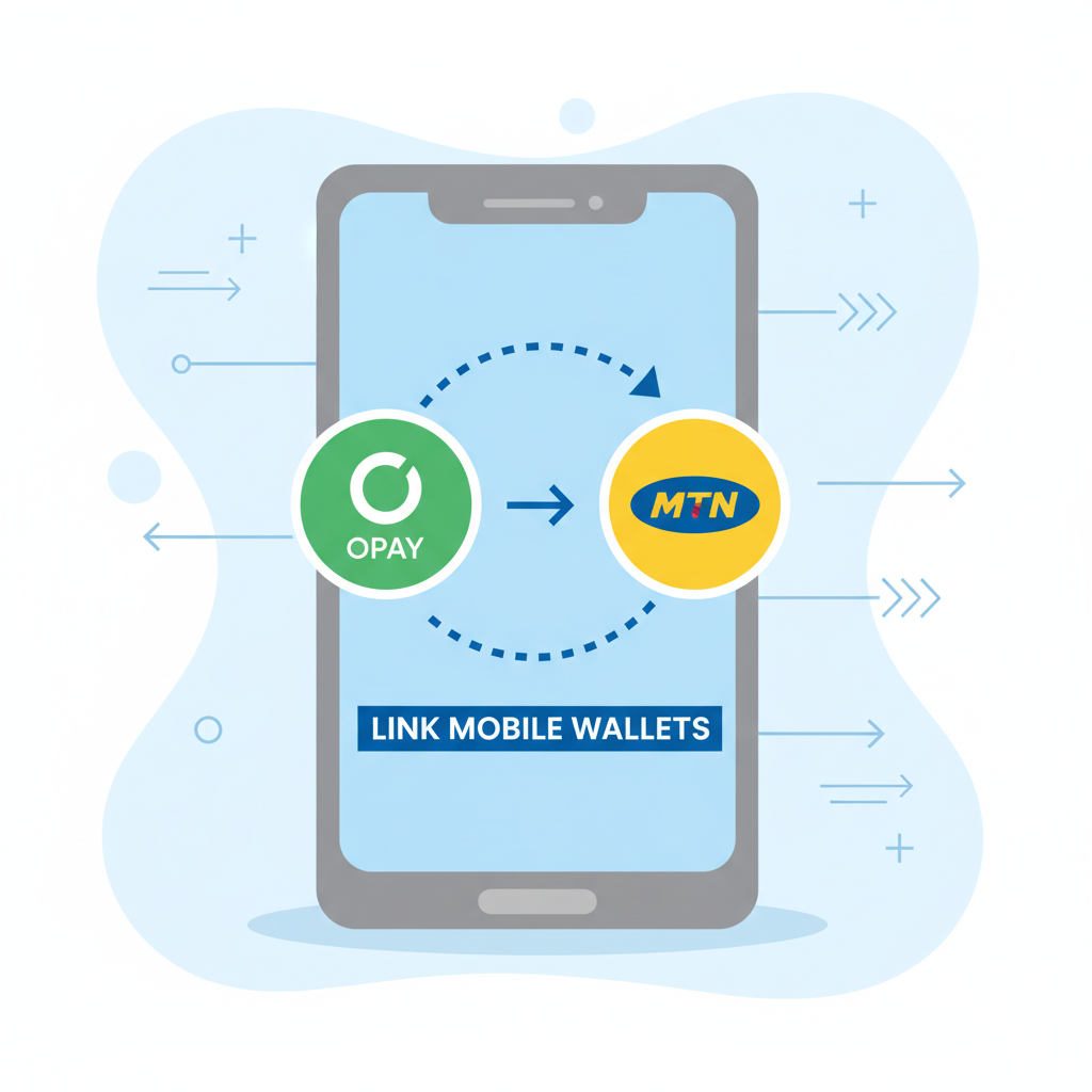 Smartphone linking mobile wallets, icons of Opay and MTN