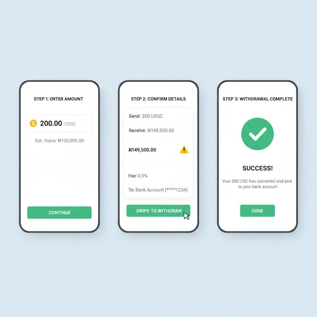Phone app withdrawal screen, USDC to Naira flow