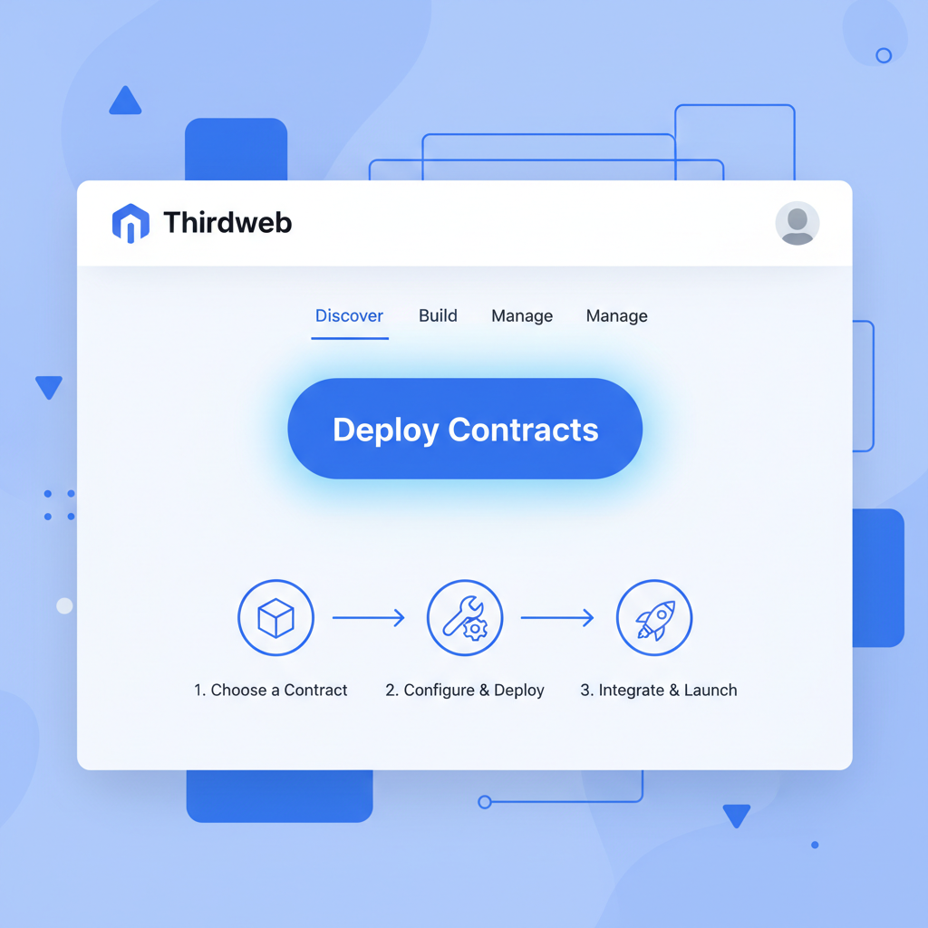 Thirdweb dashboard homepage, modern web UI with deploy contracts button highlighted, blue and white theme