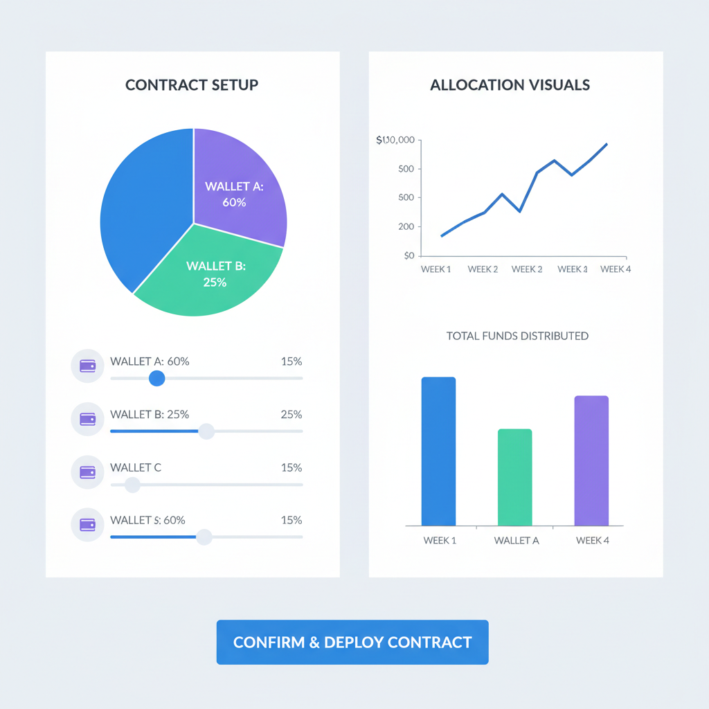 Split contract configuration UI, pie chart showing percentage allocations to wallets, professional graph