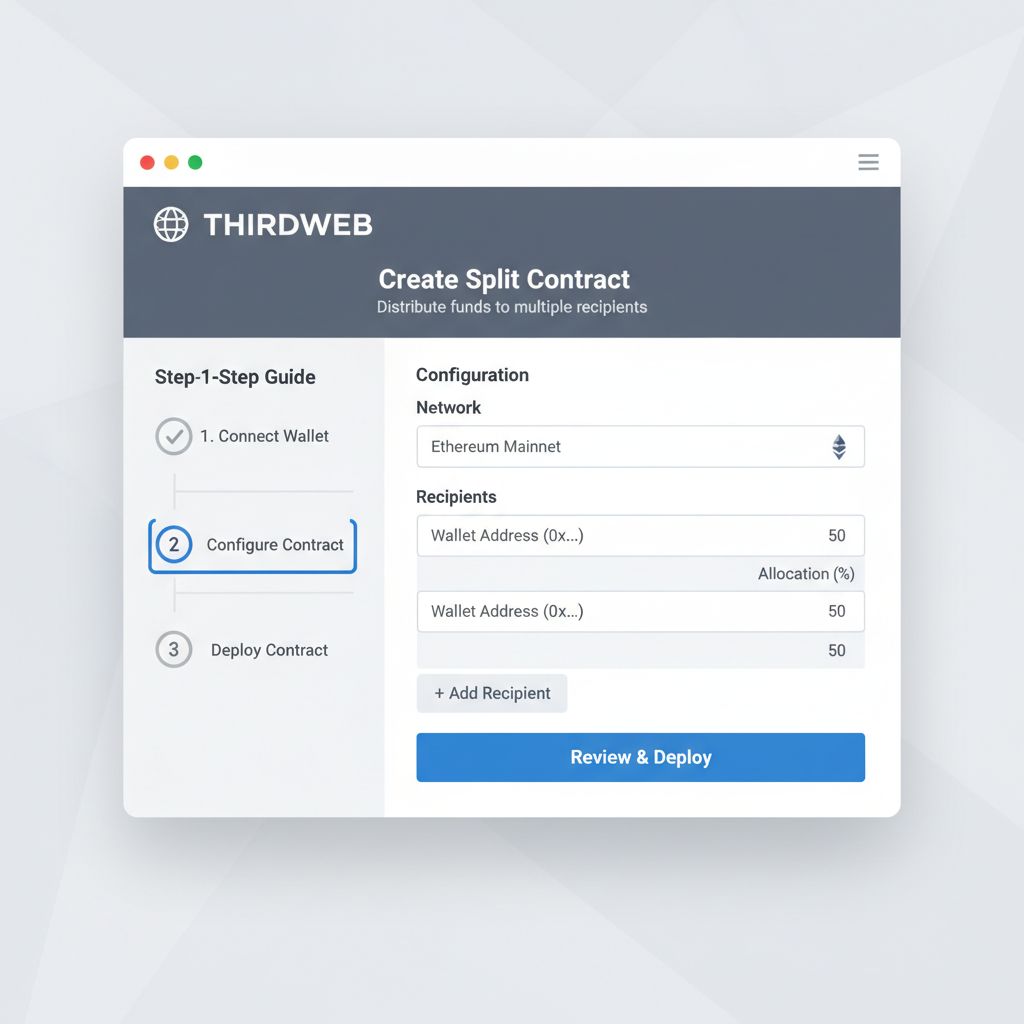 Thirdweb split contract creation screen, form fields for network and recipients, sleek interface
