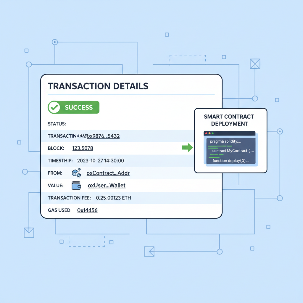 Blockchain transaction deploying smart contract, Etherscan-like explorer view with success confirmation