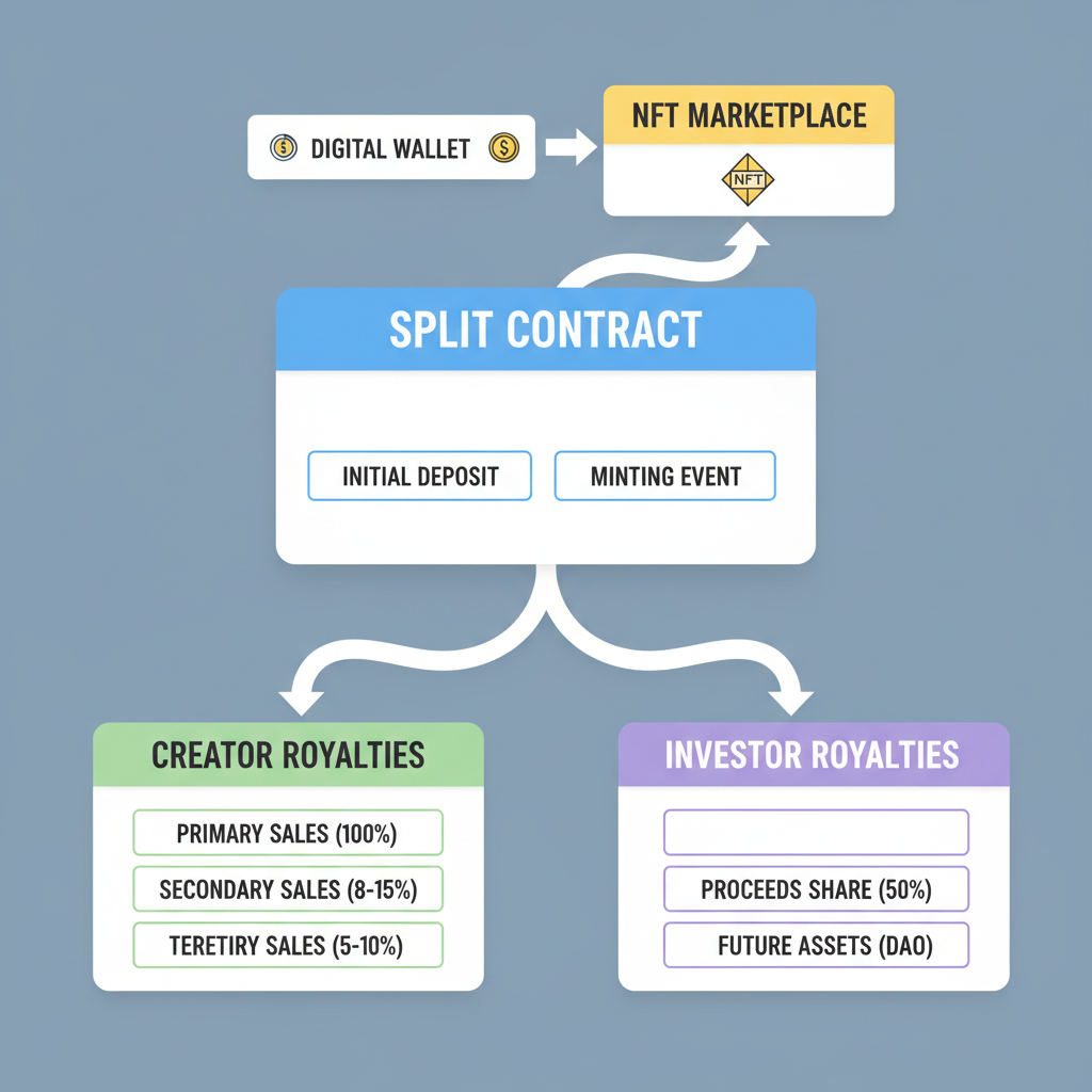 NFT contract integration dashboard, arrows connecting split contract to NFT royalties, diagram style