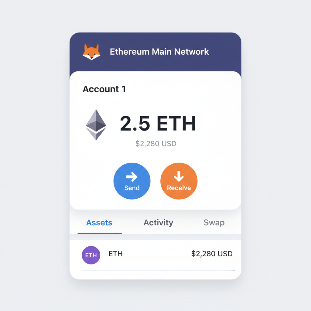 MetaMask wallet interface connected to Ethereum network, dashboard showing ETH balance $2280, clean UI screenshot style
