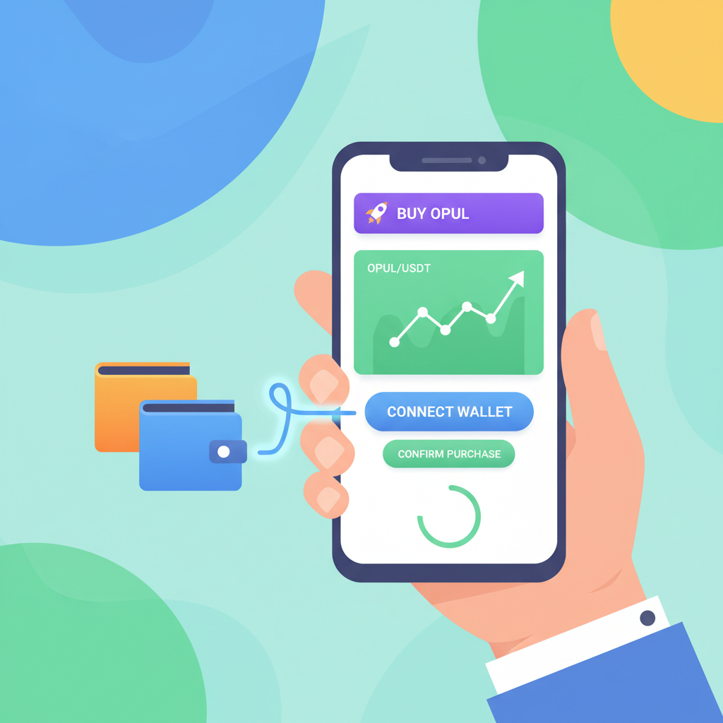vibrant illustration of buying OPUL crypto tokens on exchange app with wallet connection