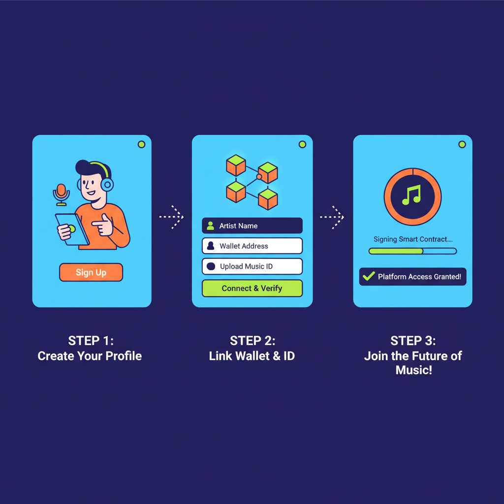 artist signing up on blockchain music platform app, modern interface, vibrant colors