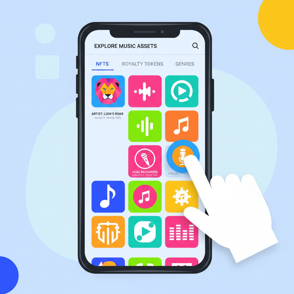 sleek app interface browsing colorful music NFTs and royalty tokens