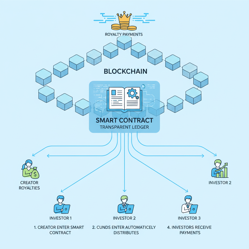 royalty payments flowing on blockchain to investors, transparent smart contract animation