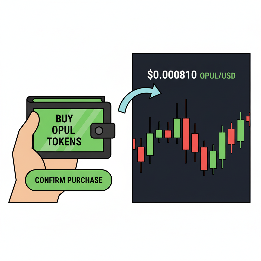 wallet buying OPUL tokens crypto chart showing $0.000810 price, green red candles