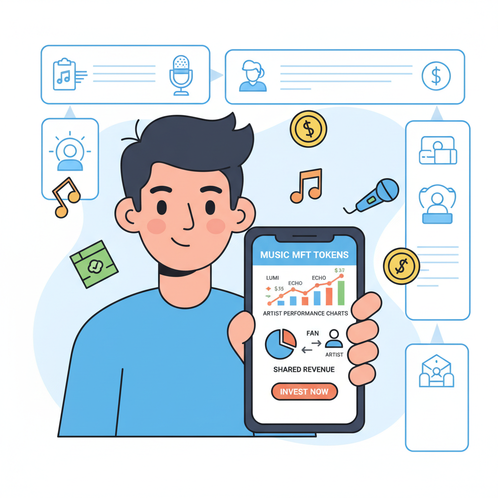 fan investing in music MFT tokens on app, artist performance charts, shared revenue