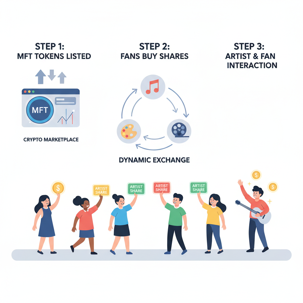 MFT tokens listed on crypto marketplace, fans buying artist shares, dynamic exchange
