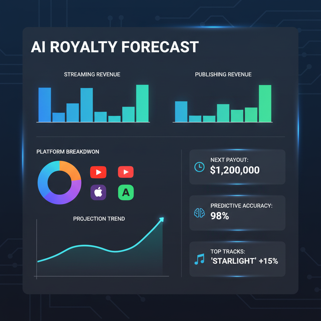 AI dashboard predicting music royalties, graphs and streaming icons, futuristic UI