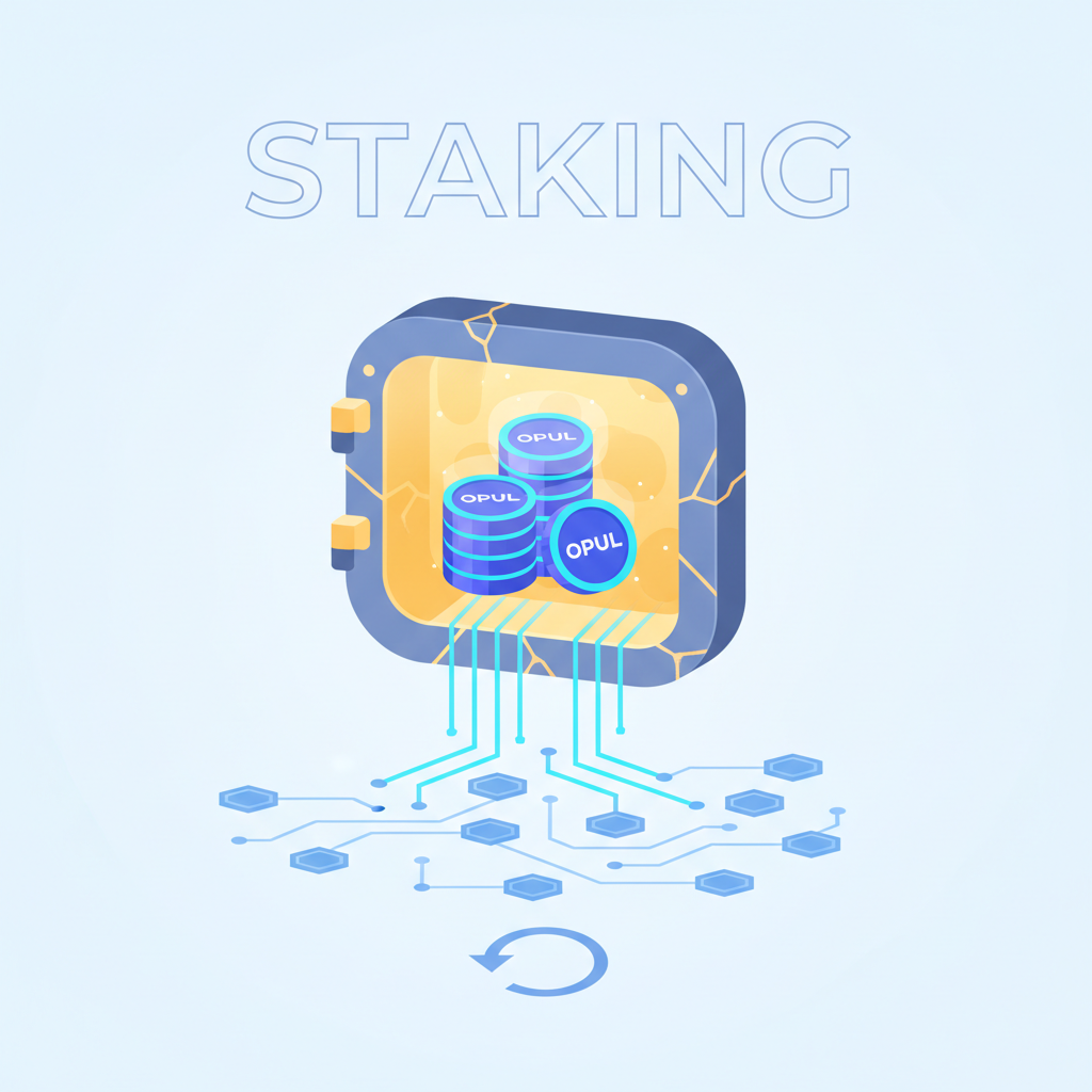 glowing vault icon with OPUL tokens staking inside blockchain pool graphic