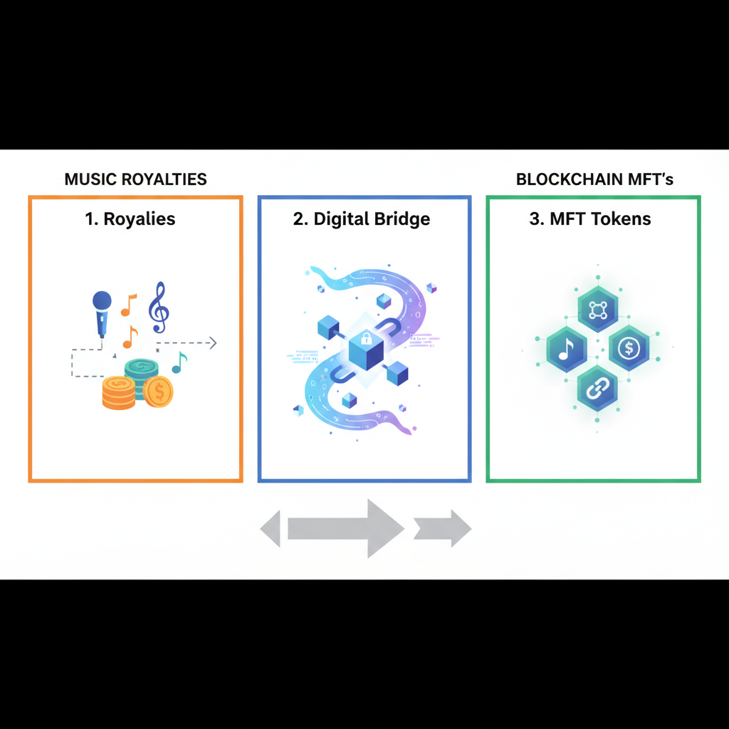music royalties converting to blockchain tokens MFTs, glowing digital transformation