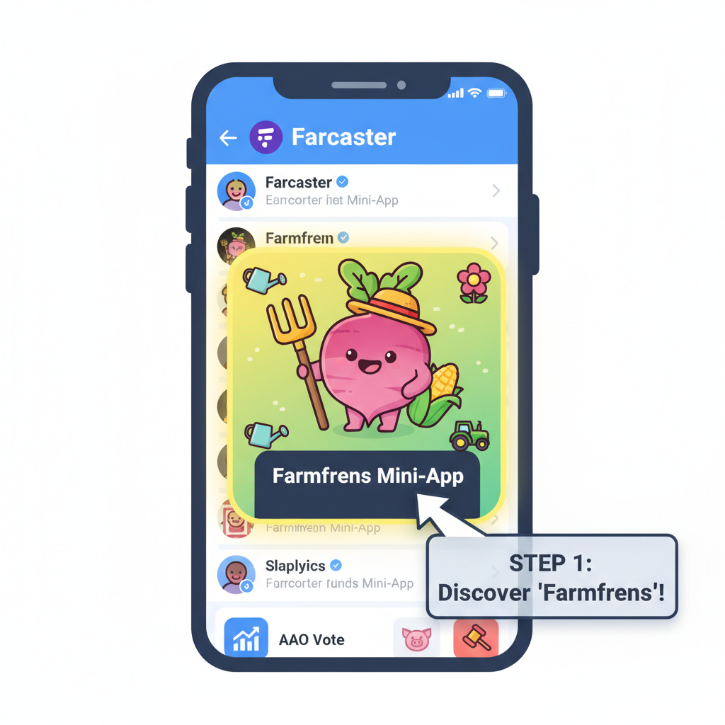 farcaster feed on mobile with Farmfrens mini-app highlighted, farming icons, vibrant colors