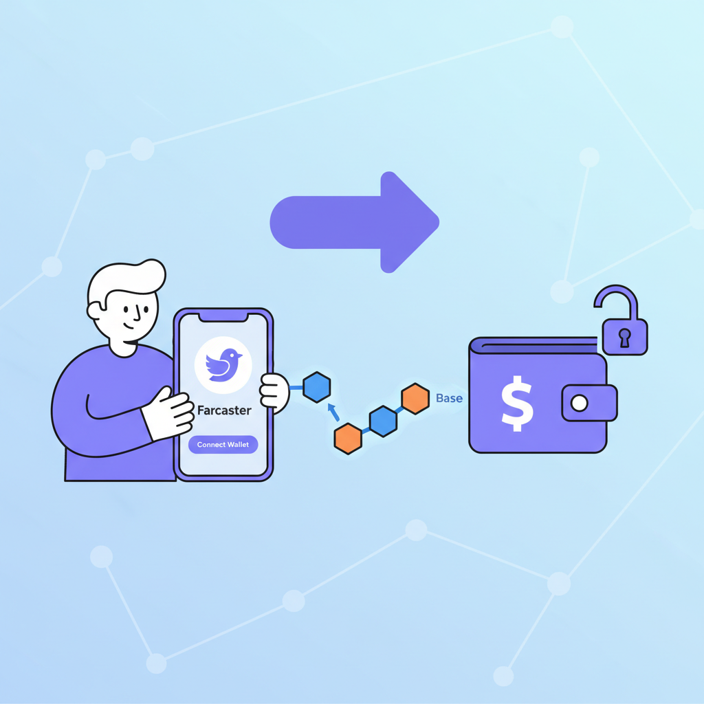 simple illustration of user connecting wallet to Farcaster app on phone, base blockchain theme, cartoon style