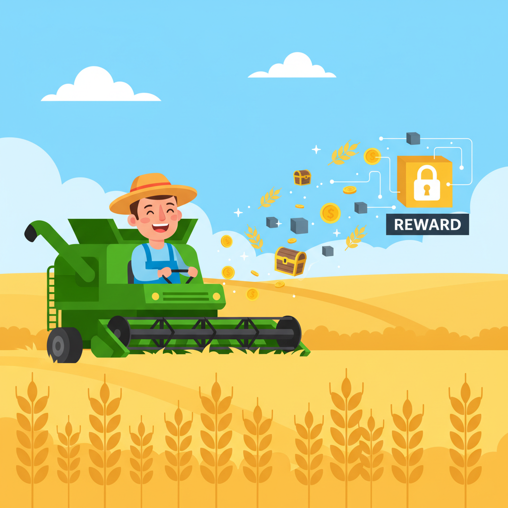 farmer harvesting crops from field, golden rewards floating, blockchain elements, joyful expression
