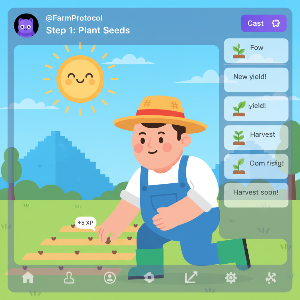 cartoon farmer planting seeds in virtual field, Farcaster UI overlay, green fields sunny day