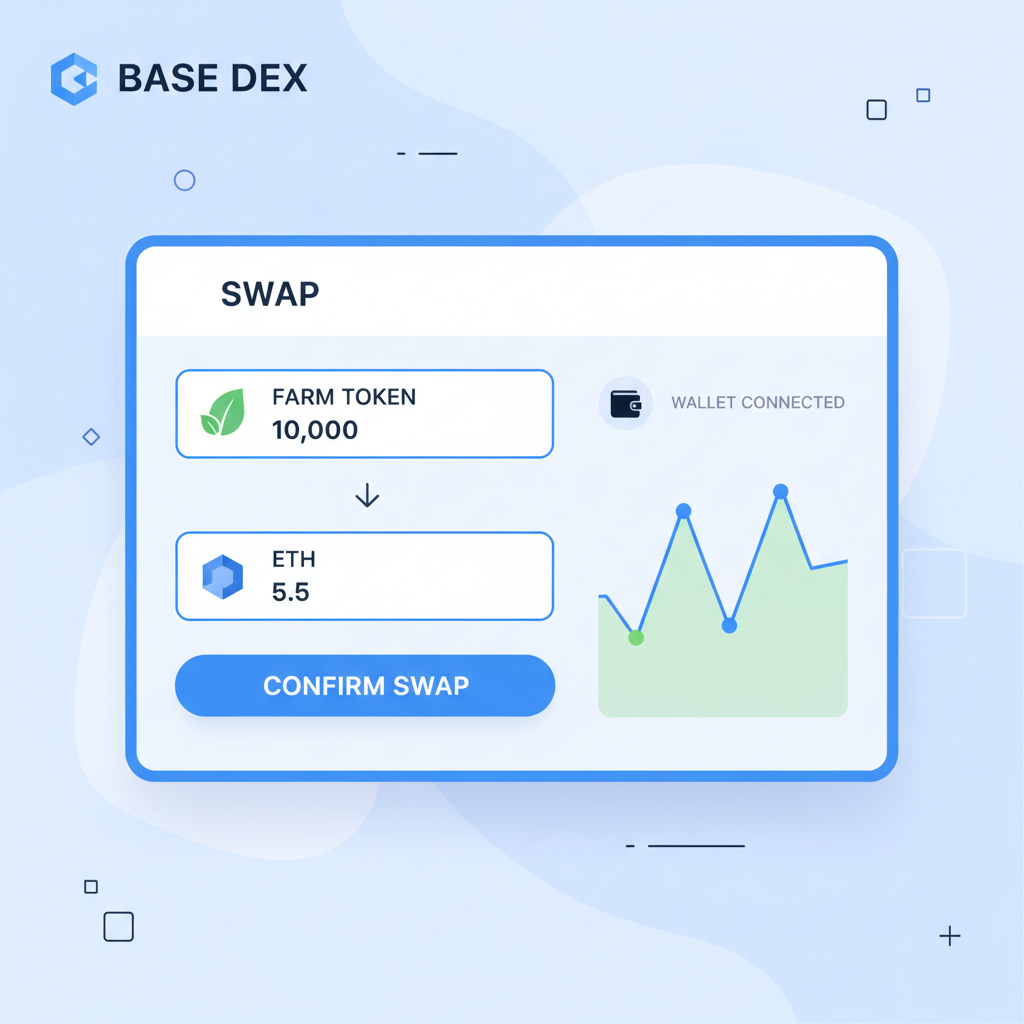 trading interface on Base DEX, swapping farm tokens for ETH, charts and wallet connected