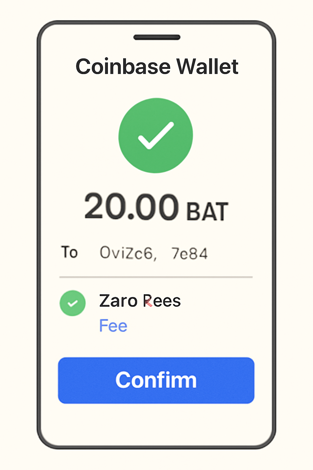 A confirmation screen on the Coinbase Wallet app showing zero fees, transaction summary, and a 'Confirm' button, with a reassuring green checkmark.