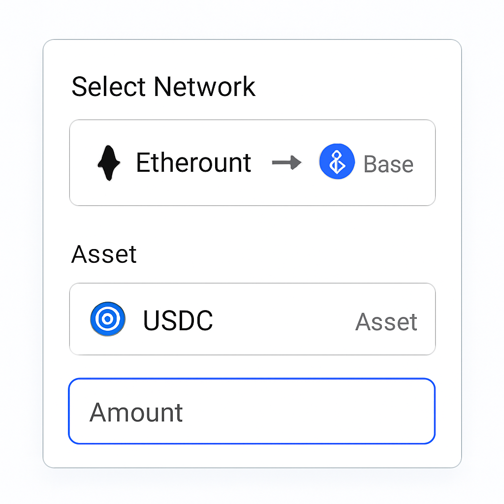 A digital interface showing network selection (Ethereum to Base), USDC as the selected asset, and an input field for amount, with a clear, modern design.
