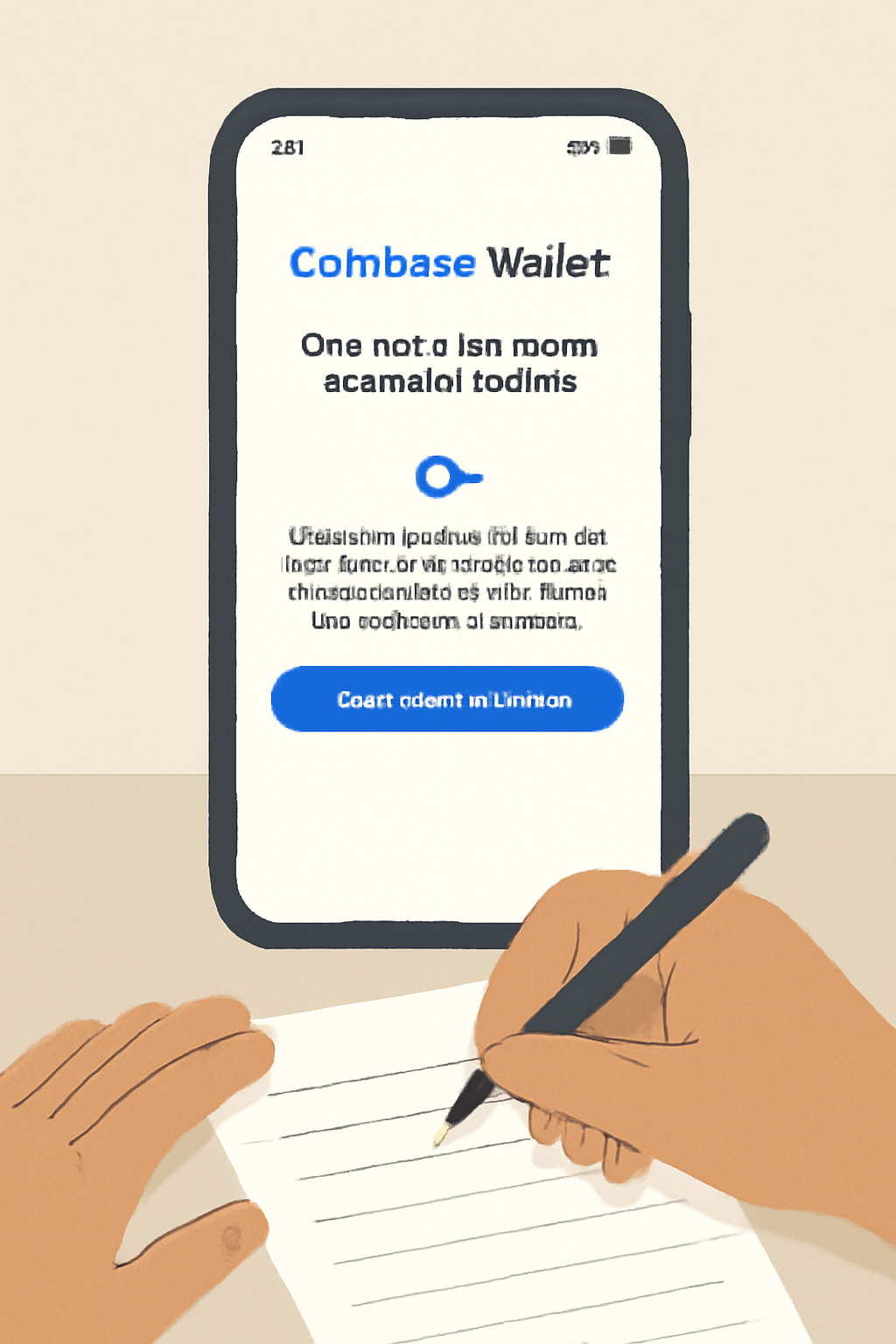 A smartphone displaying the Coinbase Wallet app setup screen, with a user writing down a recovery phrase on paper, in a secure and calm environment.