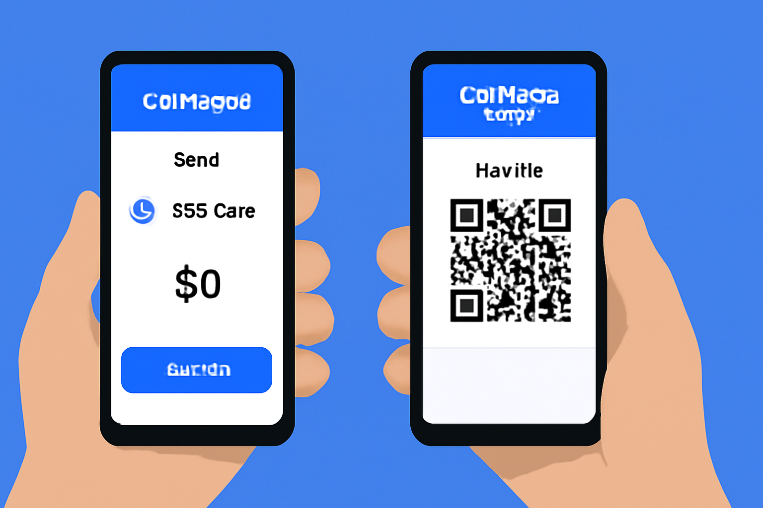 A hand holding a phone showing the Coinbase exchange app, selecting USDC to send, with another phone beside it displaying the Coinbase Wallet app's USDC receive address.