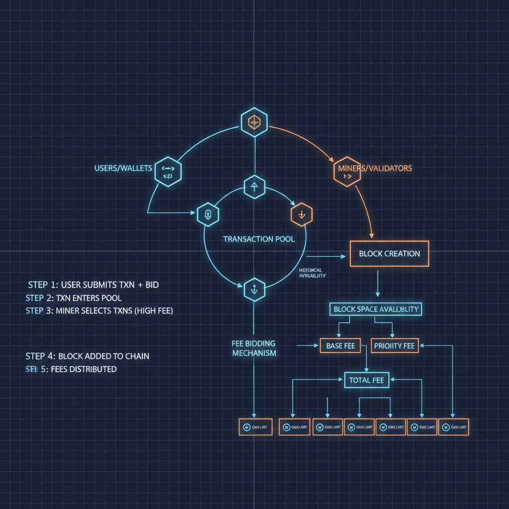 blueprint of blockchain fee market architecture, glowing nodes, strategic diagrams
