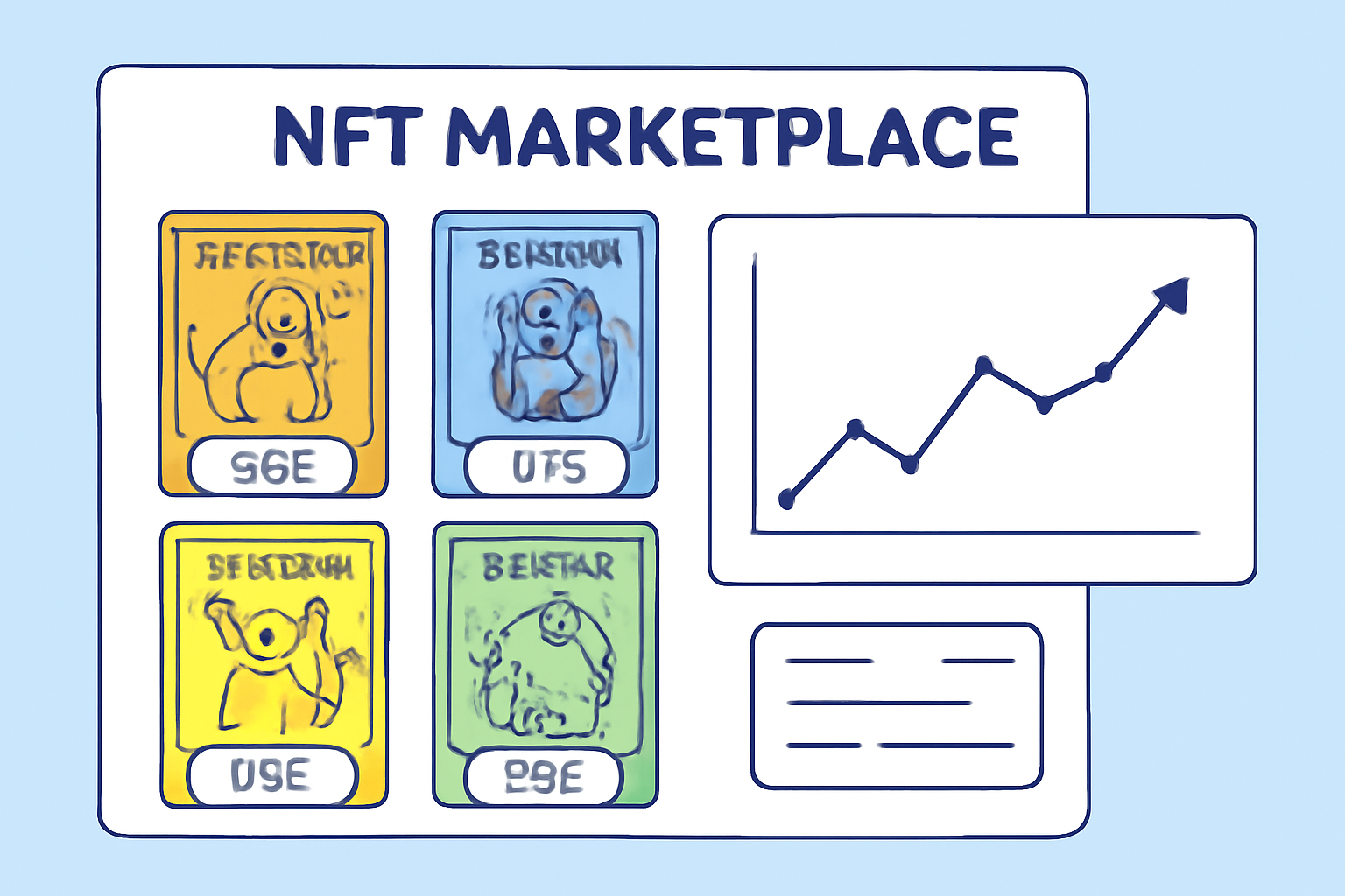A digital marketplace displaying various Pokémon card NFTs, with rarity indicators and price tags, and a graph showing rising trading volumes.