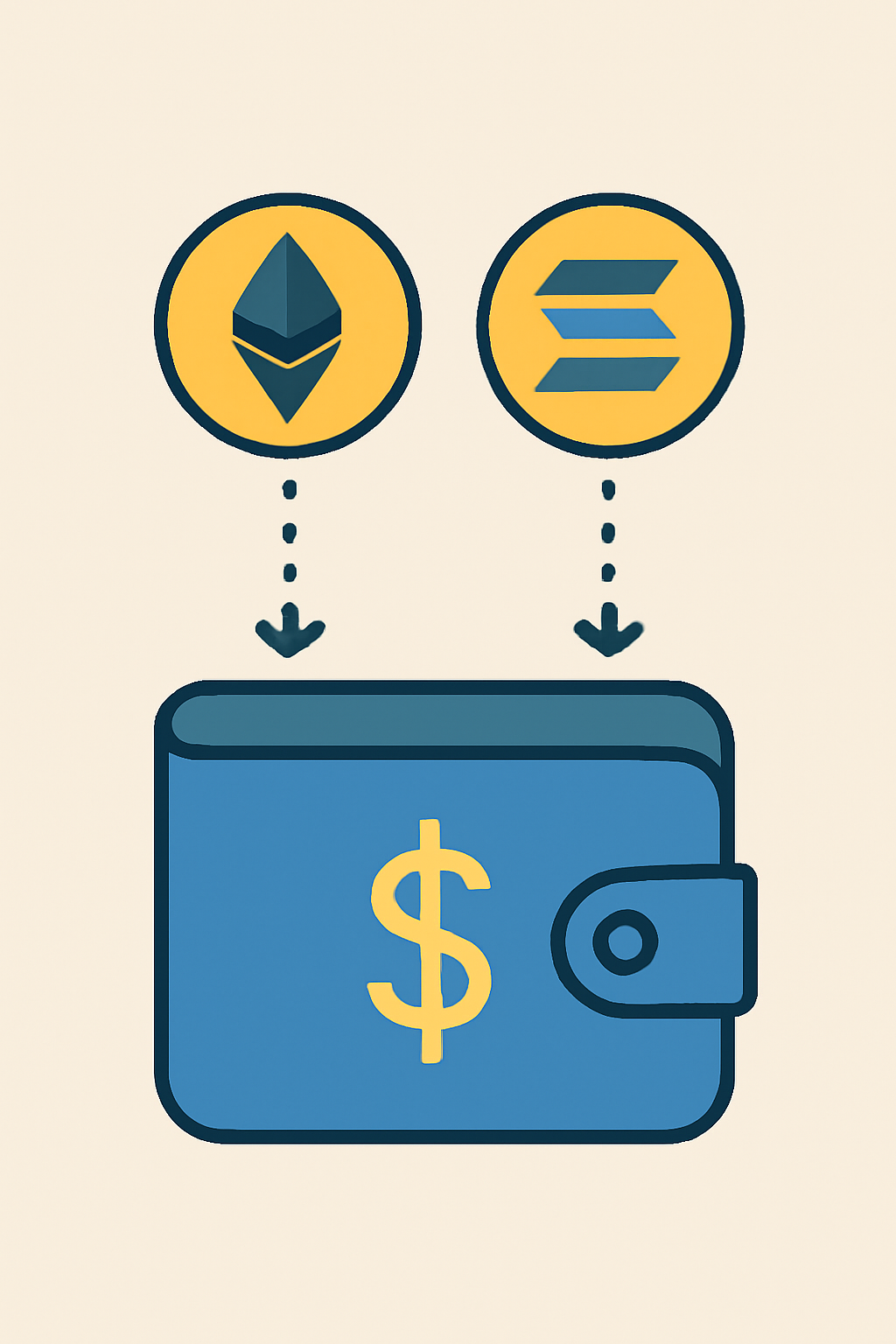 A digital wallet being funded with cryptocurrency, showing Ethereum and Solana coins transferring into an account.