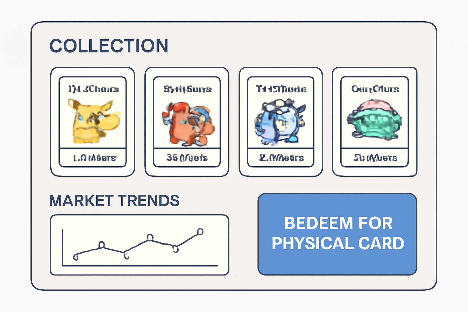 A digital dashboard showing a collection of tokenized Pokémon cards, market trend charts, and a 'Redeem for Physical Card' button.