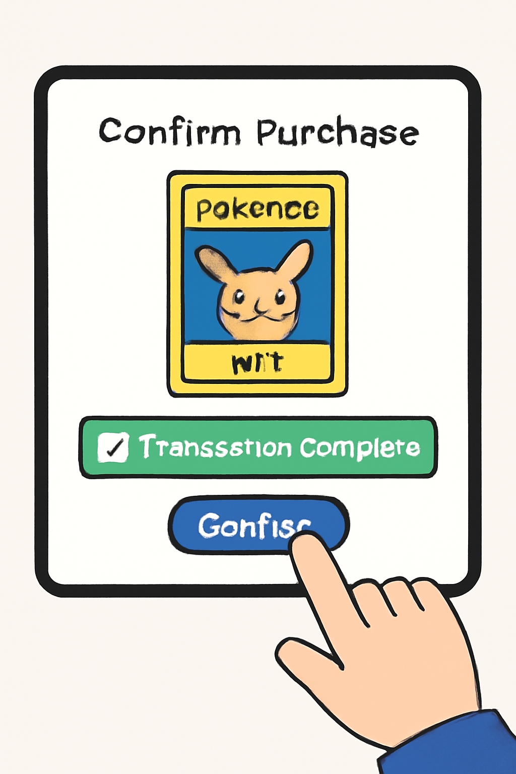 A user confirming a digital purchase of a Pokémon card NFT, with a transaction confirmation screen and a digital card image.