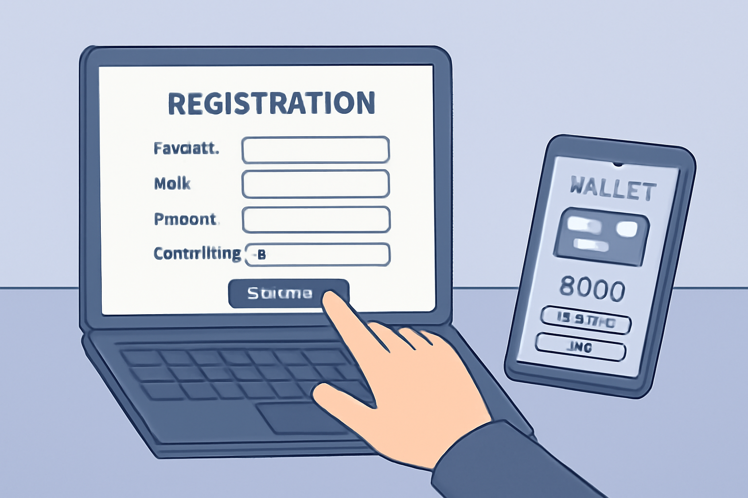 A user filling out a registration form on a laptop, with a digital wallet app open on a smartphone beside it.