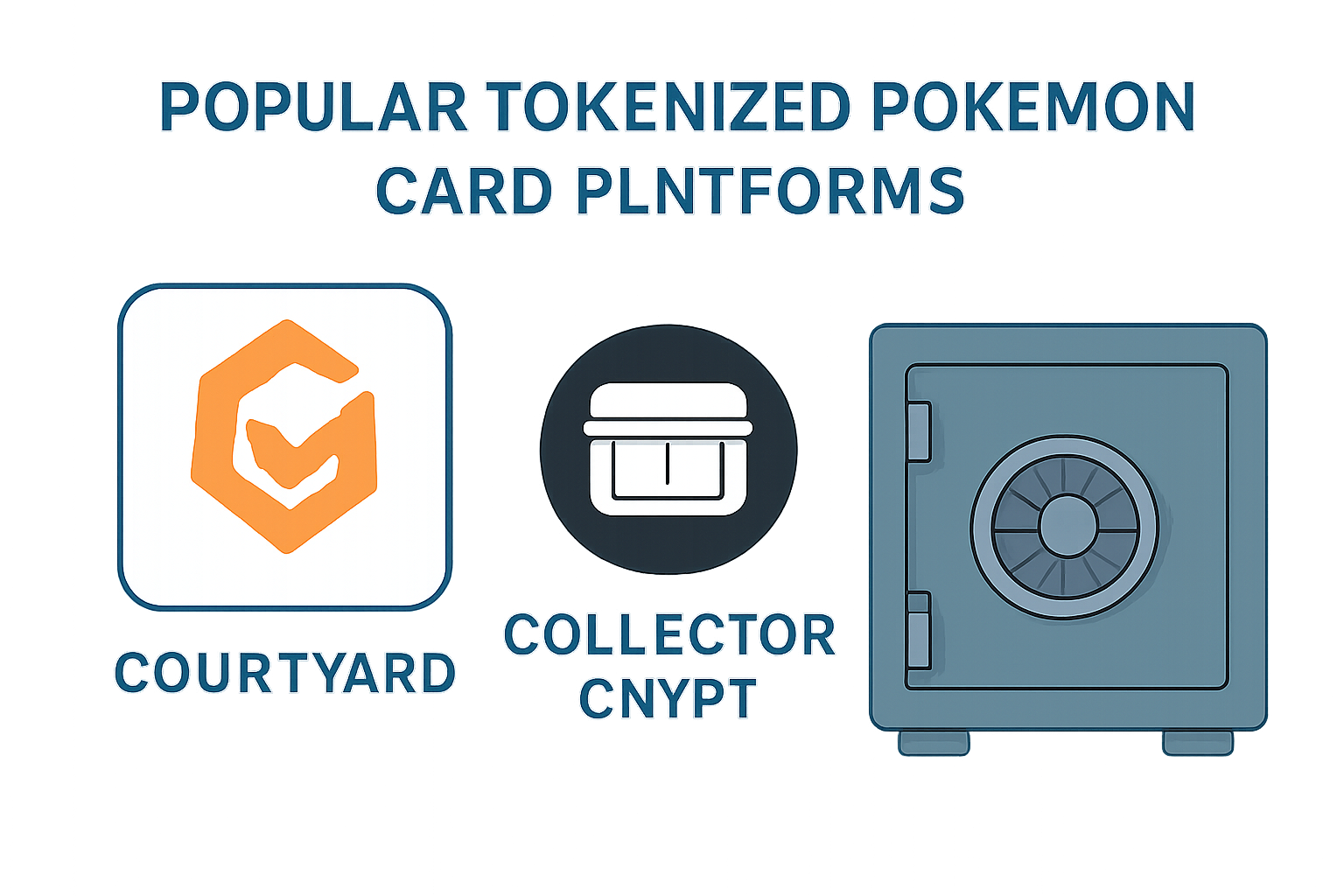A modern digital interface showing popular tokenized Pokémon card platforms, with logos of Courtyard and Collector Crypt, and a secure vault in the background.