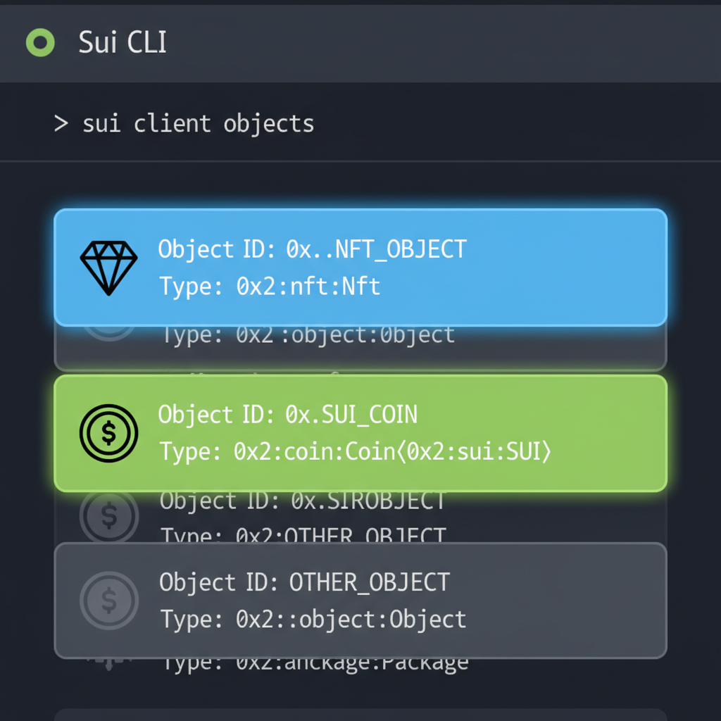 Sui CLI terminal listing objects with NFT and SUI coin highlighted